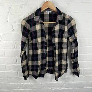 Splendid Womens Plaid Slim Fit Button Down Shirt Long Sleeve Black White X-Small